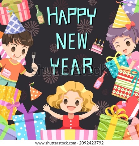 Happy New Year Family Party Boys and girls enjoy New Year's celebrations by eating and playing and having fun with New Year's activities. Design elements for the web, cards and publications. 