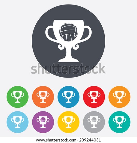 Volleyball sign icon. Beach sport symbol. Winner award cup. Round colourful 11 buttons. Vector