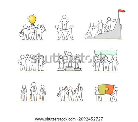 Teamwork in business, partnership and community concept. Vector cartoon icons set of team, people work together, stand in pyramid, climb to goal on mountain top and connect puzzle pieces Royalty-Free Stock Photo #2092452727
