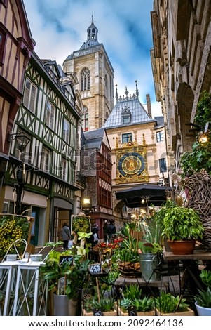 The architectural ensemble comprising a Gothic belfry, a Renaissance archway and astronomical clock of Rouen's Gros-Horloge, Normandie, France Royalty-Free Stock Photo #2092464136