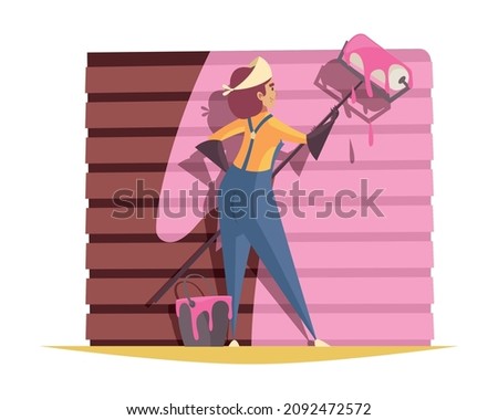 Craftsman composition with female character of wall painter with bucket of pink paint vector illustration