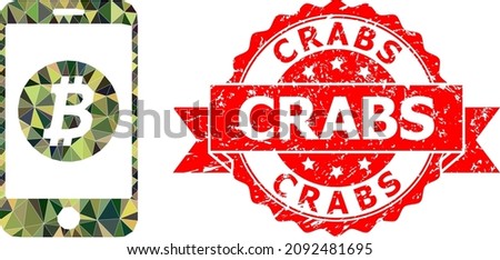Low-Poly triangulated mobile bitcoin bank military camouflage icon illustration, and Crabs unclean stamp. Red stamp seal has Crabs caption inside ribbon.