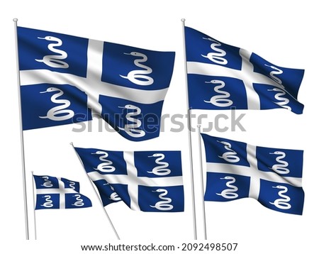 Martinique vector flags set. 5 different wavy fabric 3D flags fluttering on the wind. EPS 8 created using gradient meshes isolated on white background. Five design elements from world collection