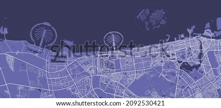 Detailed vector map poster of Dubai city administrative area. Purple skyline panorama. Decorative graphic tourist map of Dubai territory. Royalty free vector illustration. Royalty-Free Stock Photo #2092530421