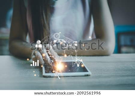 Businessman using tablet smartphone to do online transactions with internet technology, concept global data connection by internet technology, big data, search, online marketing, internet of things
