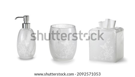 Set of accessories for bath and personal hygiene on white background, Beautiful hygiene set, White Bath Accessories Royalty-Free Stock Photo #2092571053