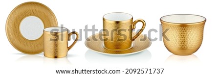 Golden Teapot set, Teacup set on white background, Golden Teapot set, Golden teacup set Royalty-Free Stock Photo #2092571737