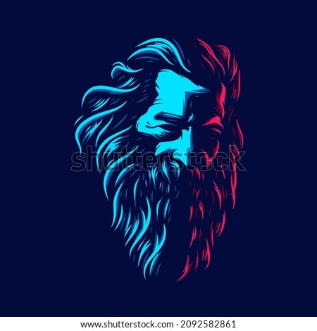 Old man bearded line art logo. Colorful design with dark background. Abstract vector illustration. Isolated with navy background for t-shirt, poster, clothing, merch, apparel. 