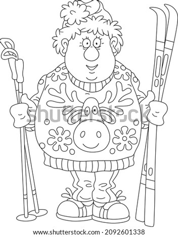 Funny sportsman skier in a Santa hat and a Christmas sweater holding his skis and poles at a winter training in a park, black and white outline vector cartoon illustration for a coloring book page