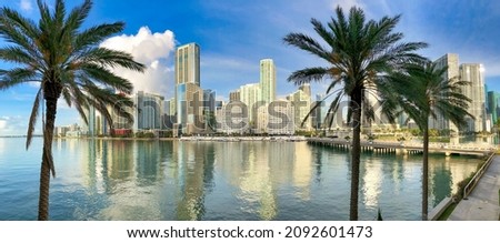 Downtown Miami at sunrise from Brickell Key, Florida Panoramic view.