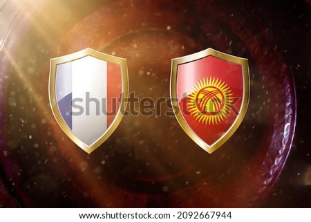 france and kyrgyzstan flag in golden shield on copper texture background.3d illustration