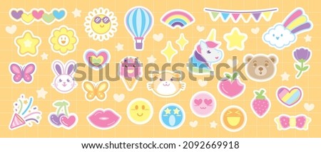 cute pastel elements graphic vector sticker collection in kawaii style