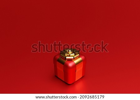3d illustration of gift in a beautiful red packaging box, a satin ribbon bow on a red background. Holiday attributes, gift set.
