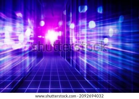 Double exposure of empty corridor toward cyberspace with virtual screen background in metaverse Royalty-Free Stock Photo #2092694032