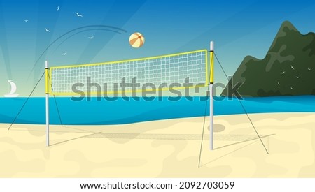 beach volleyball court with net against backdrop of seascape. Active rest and entertainment on summer vacation. Cartoon vector illustration