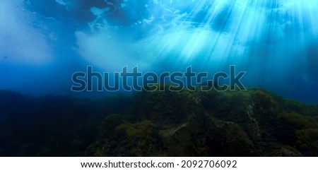Underwater photo of vortex of waves and rays of light over the coral reef.