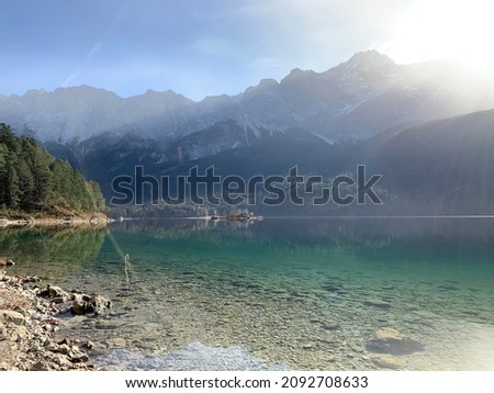 Beautiful lake and mountain panoramic view, Eibsee Garmisch Partenkirchen Germany