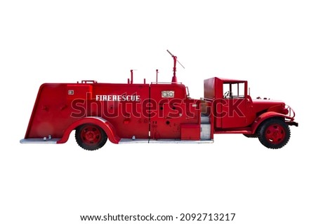 Vintage red fire rescue truck isolated on white background
