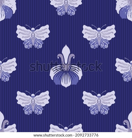 Stylized lily floral and butterfly vector seamless background. Periwinkle purple violet vintage stencil effect flowers flying insects geometric design. Historical style nature duotone all over print