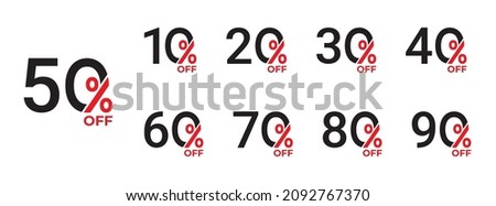 10%, 20%, 30%, 40%, 50%, 60%, 70%, 80%, 90% Discount. Sale tags set vector badges template. Sale offer price sign. Special offer symbol. Discount promotion. Discount badge shape. Vector design Royalty-Free Stock Photo #2092767370