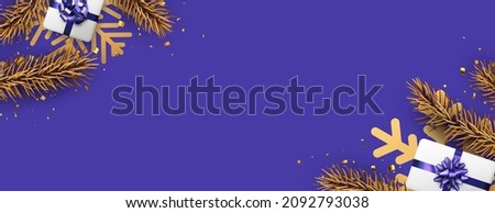 Christmas and New Year purple background banner. Golden fir, big snowflakes, gift box, confetti. For flyer, poster, leaflet. Top view. Space for text. Vector illustration.