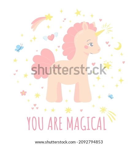 Cute card with pink unicorn and magic elements. Greeting card template with cartoon pretty character. Vector illustration isolated on a white background