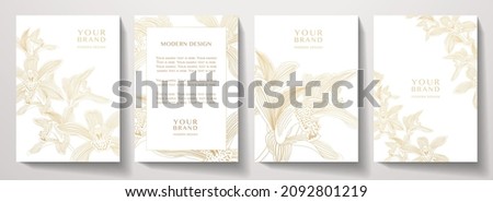 Floral cover, frame design set with gold line pattern (orchid flower on white background). Luxury premium vector background pattern for tropical menu, elite summer sale, luxe invite template Royalty-Free Stock Photo #2092801219