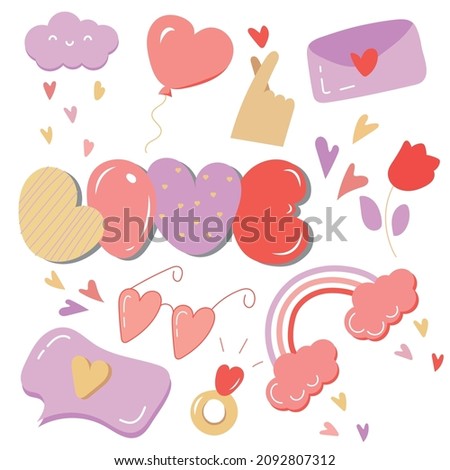 Valentine s Day set - vector illustration with cute stickers pack in cartoon style with love symbols for valentine's day. Large collection of clip arts. Hand drawn and doodle style. Design elements