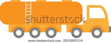Tank car delivering cargo. Cartoon vehicle for road landscape design in children's books. large tractor-truck is carrying a long heavy tank of liquid fuel. Multi-wheeled orange car. Automobile icon.