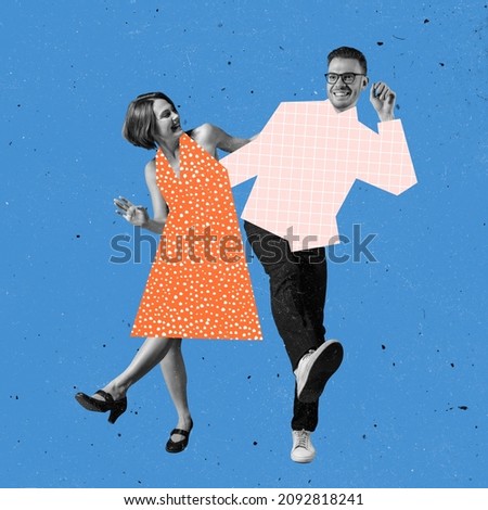 Cheerful couple of dancers dressed in 70s, 80s fashion style dancing rock-and-roll on blue background with drawings. Contemporary art collage. Minimalism. Art, beauty, fashion, music. Magazine style Royalty-Free Stock Photo #2092818241