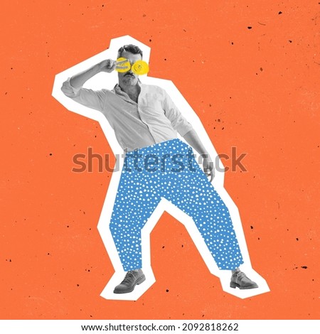 Funny dude. Young man, hipster dressed in 70s, 80s fashion style dancing rock-and-roll on bright background with drawings. Contemporary art collage. Minimalism. Art, fashion and music. Magazine style Royalty-Free Stock Photo #2092818262