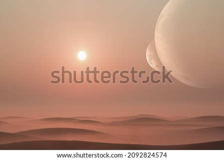Landscape of an exoplanet with a sun and planets in the sky