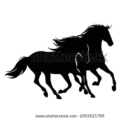 pair of wild mustang horses with long manes and tails - two animals running free black vector silhouette design