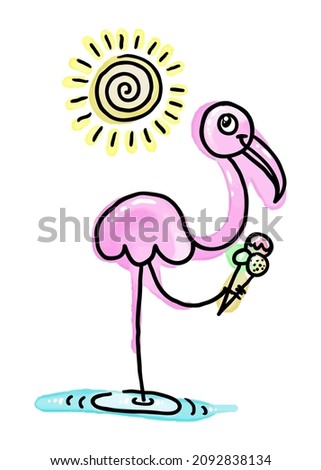 Watercolor Summer Flamingo with Ice-Cream. Vector Trace Illustration