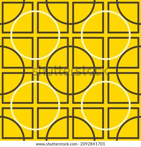 Seamless geometric pattern of circles and squares on a yellow background