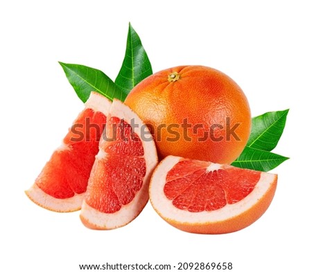 Grapefruit fruit, slices, leaves isolated on white. Juicy healthy vitamin C vegan, weight loss food. Full depth of field 