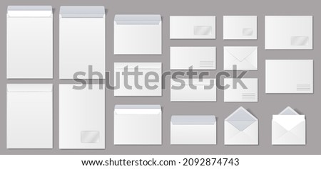 Realistic paper envelopes, white blank mailing envelope with letter. Open and closed envelopes in different sizes vector mockup set. Front and back view of objects for correspondence