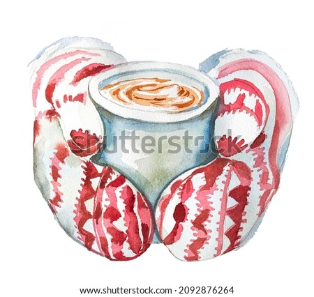 Watercolor hand painted hands holding a hot drink holidays themed design isolated on a white background. Christmas concept illustration. Celebration of a New Year clipart. Hands with hot cocoa.