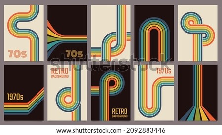 Retro 70s geometric posters, vintage rainbow color lines print. Groovy striped design poster, abstract 1970s colorful background vector set. Minimalistic old-fashioned cover for artwork Royalty-Free Stock Photo #2092883446