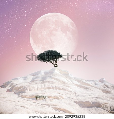Lonely tree on a white island with a huge moon in the background on a pink sunset background with stars on the sky, white sandy beach Sarakiniko in Greece Royalty-Free Stock Photo #2092935238