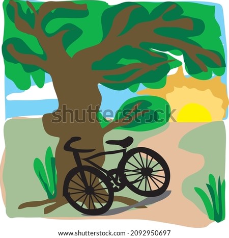 A bicycle under a tree beside a village road.