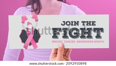 Composition of woman with pink ribbon and breast cancer awareness slogan. breast cancer awareness campaign and vector concept.
