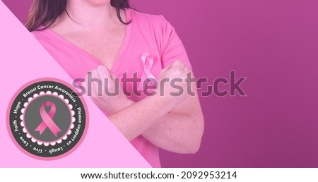 Composition of woman with breast cancer awareness slogan and ribbon on pink background, copy space. breast cancer awareness campaign and vector concept.