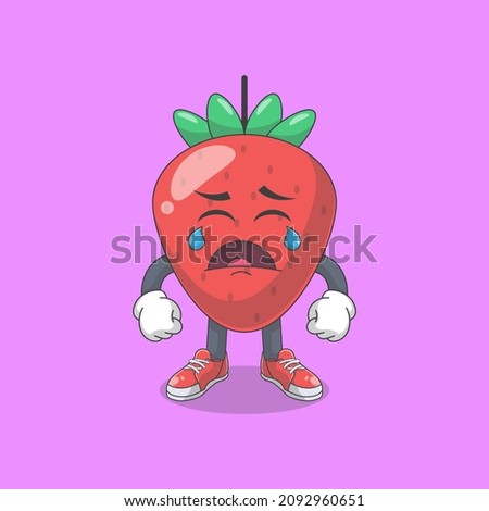Cute Happy Strawberry Crying Cartoon Vector Illustration. Fruit Mascot Character Concept Isolated Premium Vector
