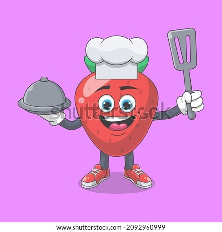 Cute Happy Strawberry Chef Cartoon Vector Illustration. Fruit Mascot Character Concept Isolated Premium Vector