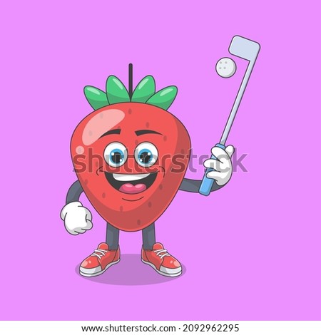 Cute Happy Strawberry Playing Golf Cartoon Vector Illustration. Fruit Mascot Character Concept Isolated Premium Vector