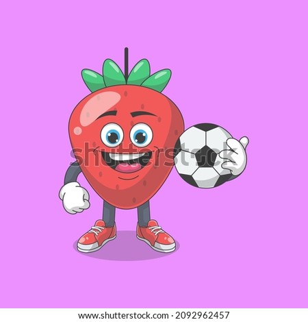 Cute Happy Strawberry With Ball Cartoon Vector Illustration. Fruit Mascot Character Concept Isolated Premium Vector