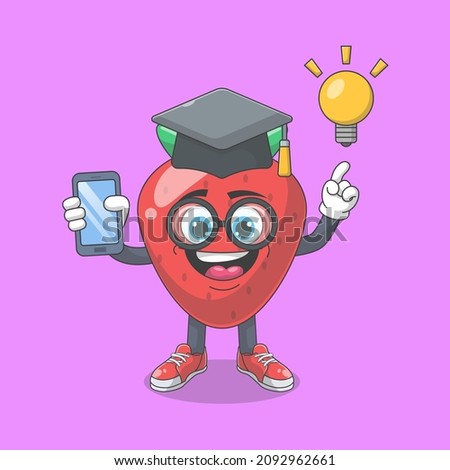 Cute Happy Strawberry University Graduate Cartoon Vector Illustration. Fruit Mascot Character Concept Isolated Premium Vector
