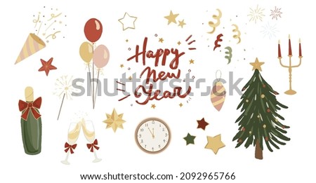 Set of cute hand-drawn new year elements with Happy New Year lettering. Confetti, champagne, clock, xmas tree, stars and sparkler. Collection of Countdown party doodles. Vector illustration.