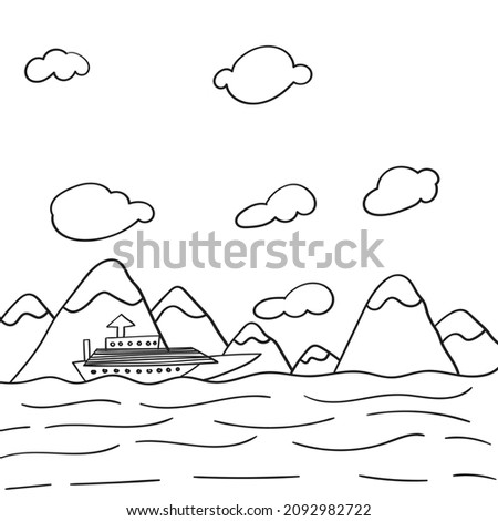 A boat on a mountain river Vector for kids coloring book black and white Illustration.